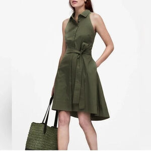 Banana Republic Army Green Olive Button Down Cotton Hi Low Pocket Shirt Dress